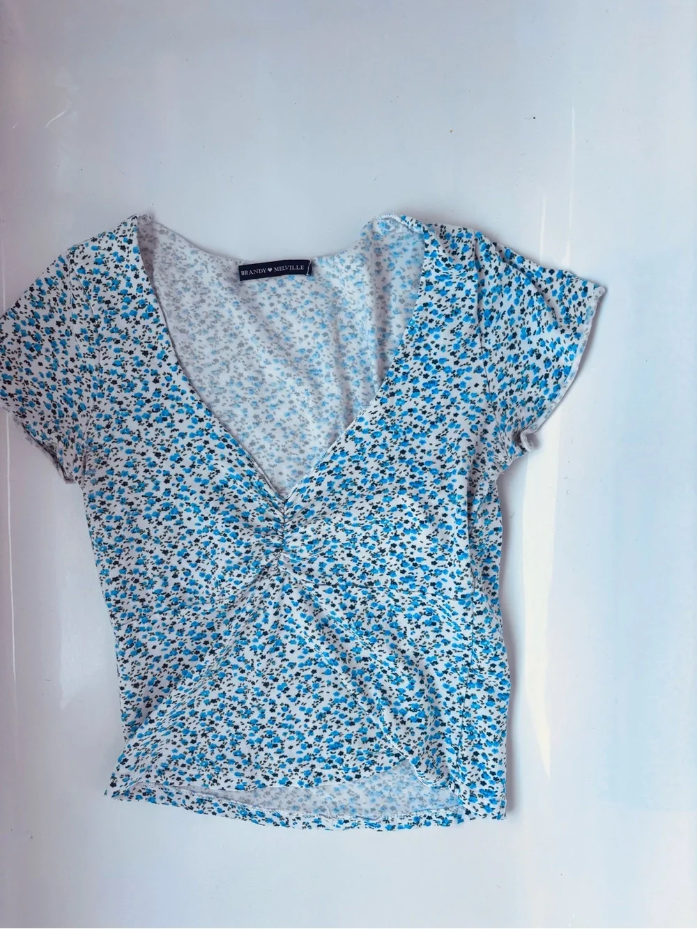 Brandy Melville Floral Ruched V-Neck Crop Top - White & Blue